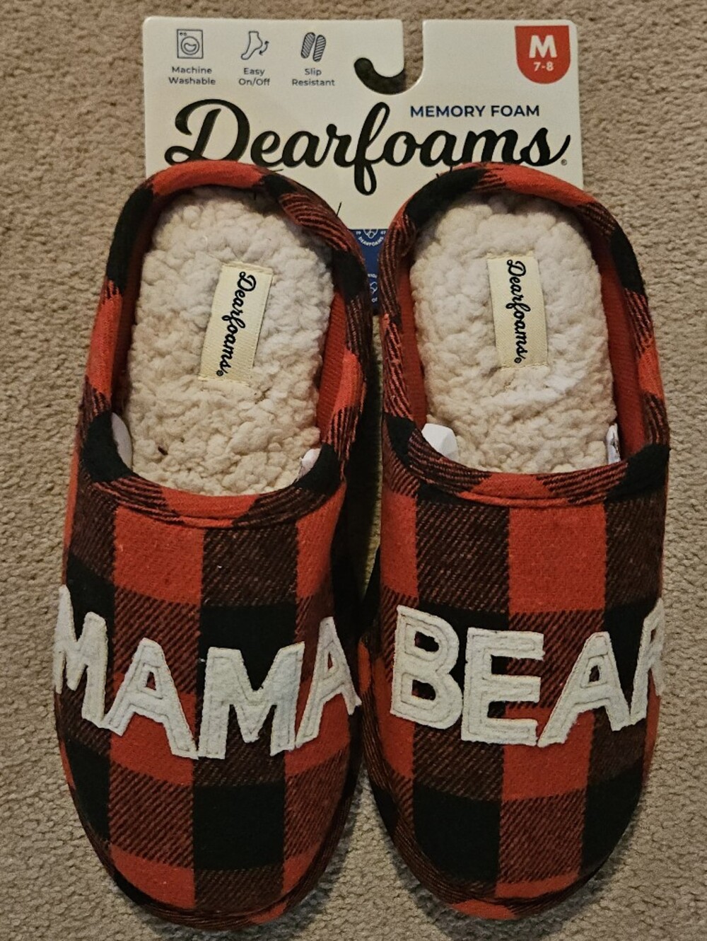 dearfoams Women's Red and Black Buffalo Plaid "Mama Bear" Slippers